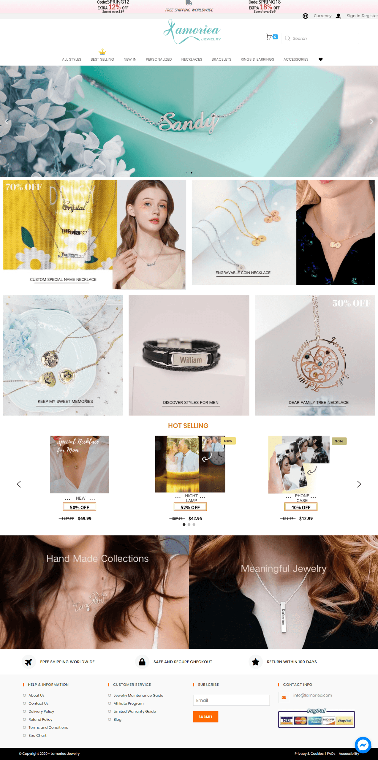 Screenshot of the Lamoriea jewelry e-commerce website.